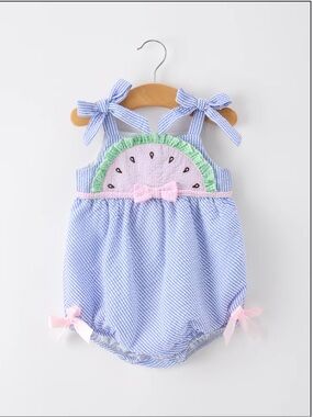Blue Seersucker Baby Romper with Watermelon Applique and Pink Bows
